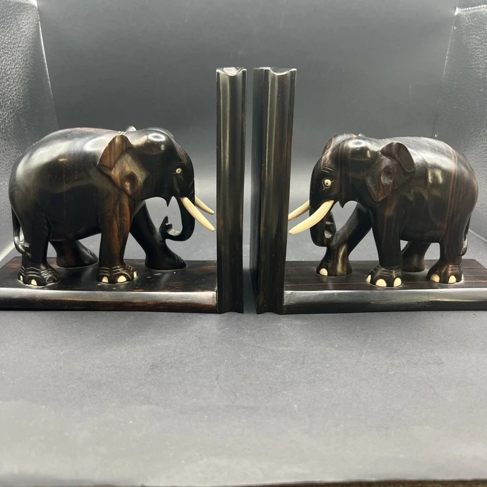 Vintage Hand Carved Nacassar Ebony Elephant Bookends Sliding Dovetail Pair Heavy